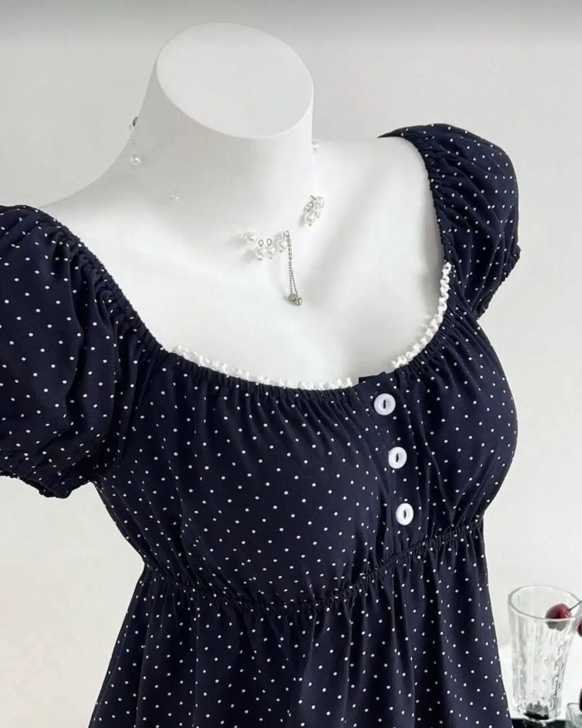 Polka Dot Babydoll Top Women Summer Sweet Korean Puff Short Sleeve Chiffon Blouse Square Neck Summer Vintage Youthful T-shirt
