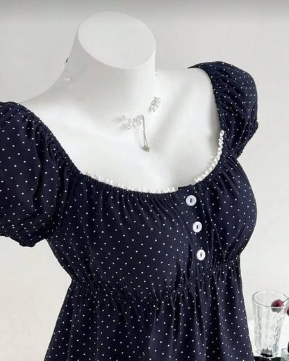Polka Dot Babydoll Top Women Summer Sweet Korean Puff Short Sleeve Chiffon Blouse Square Neck Summer Vintage Youthful T-shirt