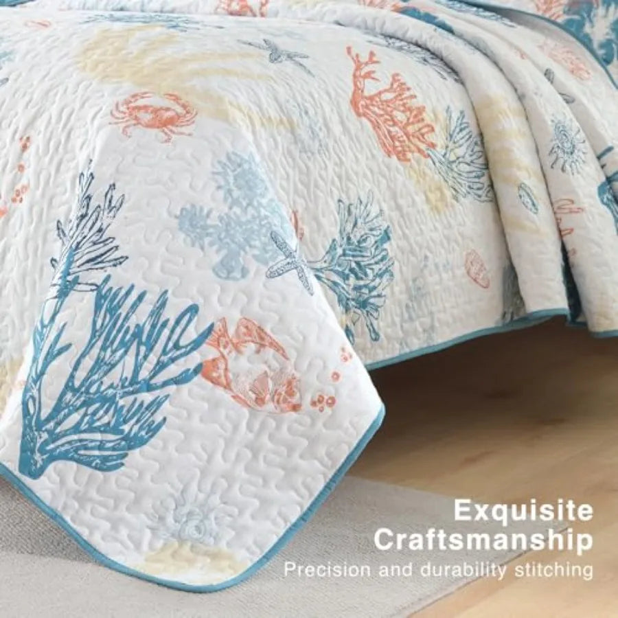 Coastal Quilt Bedding Set Size Reversible Summer Beach Quilt Lightweight Ocean Nautical Comforter Tropical Bedspread Coverlet w