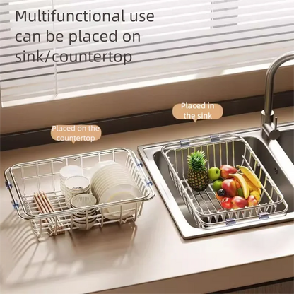 Telescopic Stainless Steel Sink Drain Basket Dishwashing Rack Kitchen Storage Organizer for Utensils and Dishes