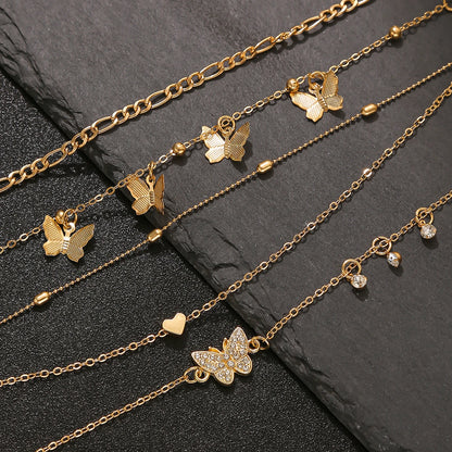 Elegant Butterfly Heart-shaped Pendant Ankle Chain Inlaid Shiny Rhinestones Summer Vacations Beach Party Women's Foot Jewelry