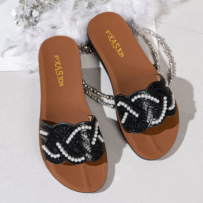 PXASXR Pearl Sandals for Women Fashionable Wear-Resistant Flat Bottom Slippers Comfortable Casual Beachwear Outdoor Slippers