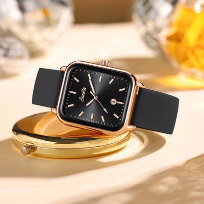 Sunkta Fashion Elegant Woman Watch Square Luxury Retro Silicone Belt Auto Date Casual Waterproof Luminous Quartz Watches for Men