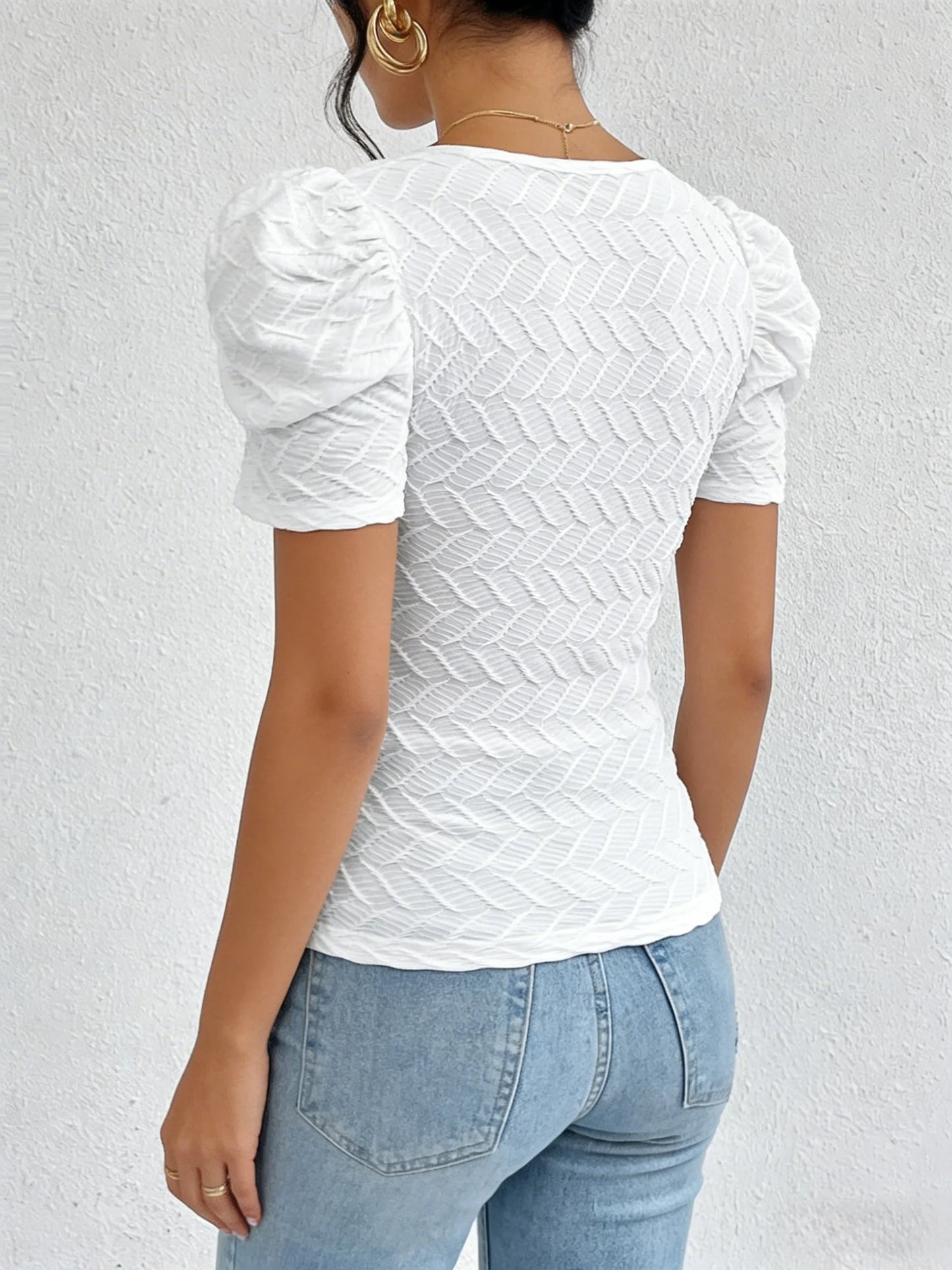 Ladies White Romantic Vintage Style Bubble Sleeve T Shirt Diamond Texture Fabric Square Collar Summer Casual Shirt
