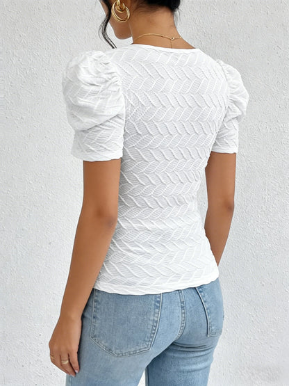 Ladies White Romantic Vintage Style Bubble Sleeve T Shirt Diamond Texture Fabric Square Collar Summer Casual Shirt