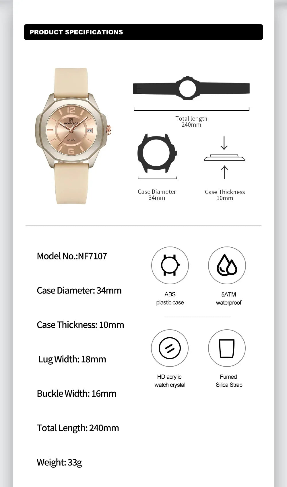 NAVIFORCE NF7107 Quartz Calendar Waterproof and Shockproof Watches for Women Clocks