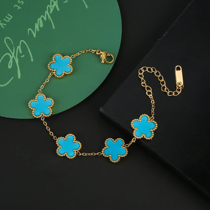 INS Hot Sale Stainless Steel Five Laef Flower Clover Bracelet Jewelry Set Necklace Earrings For Woman Daily Wear Brand Jewelry