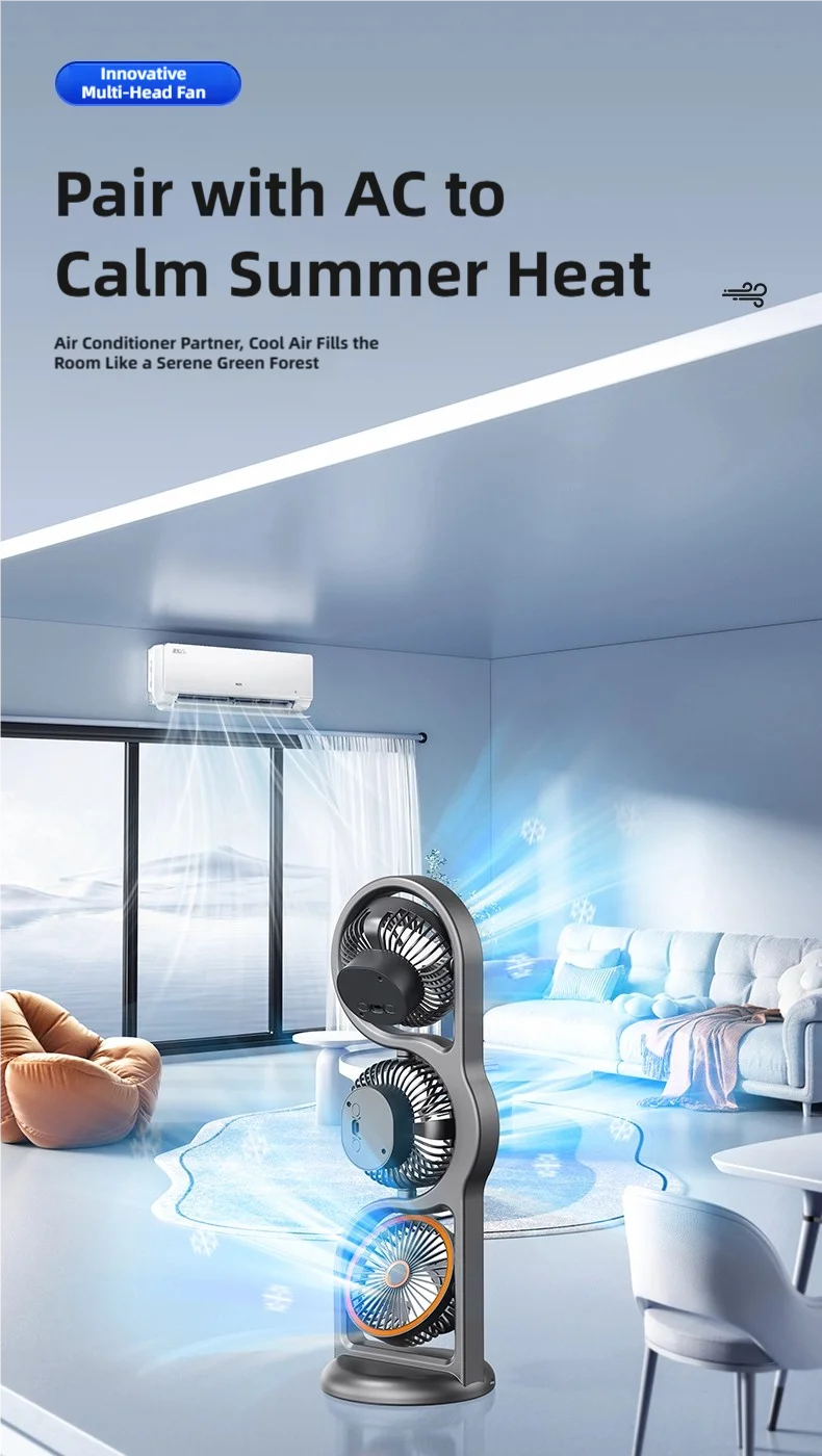 TINSOL Portable Three-Head Fan, 360° Wind Direction Adjustment, Five-Speed Wind, Dormitory and Outdoor Desktop Fan