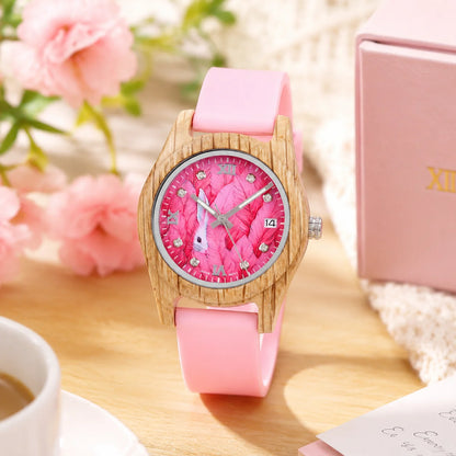 Women's Pink Wooden Watch Luxury Fashion Wristwatch Gift for Girls Elegant Quartz Watch with Silicone Strap Support Dropship