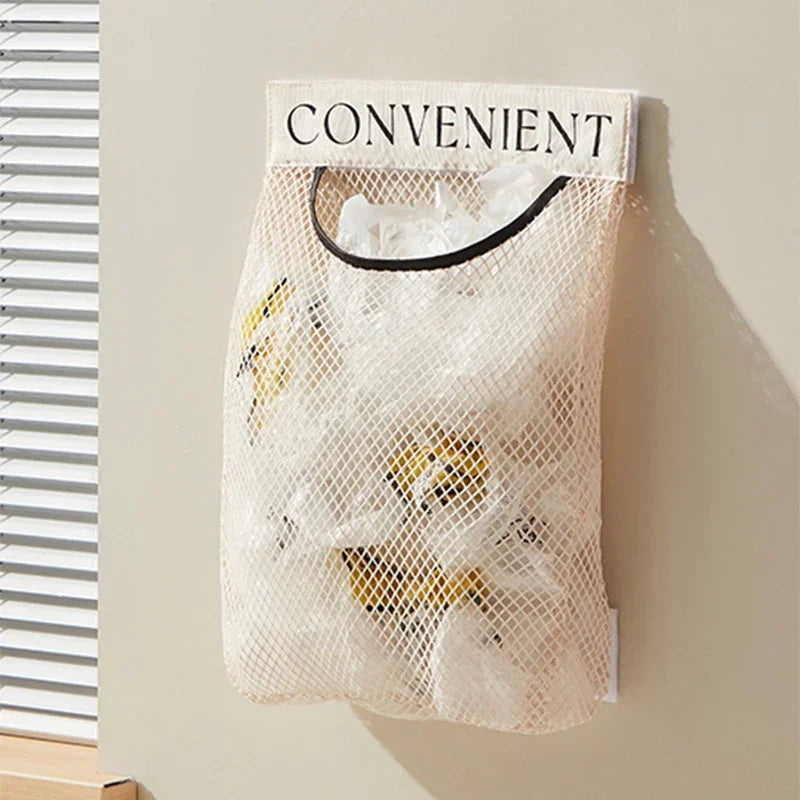 1/4PCS Wall Mount Mesh Storage Bag Garbage Holder Plastic Shopping Bags Dispenser Sundries Bag Net Storage Grocery Bag Organizer