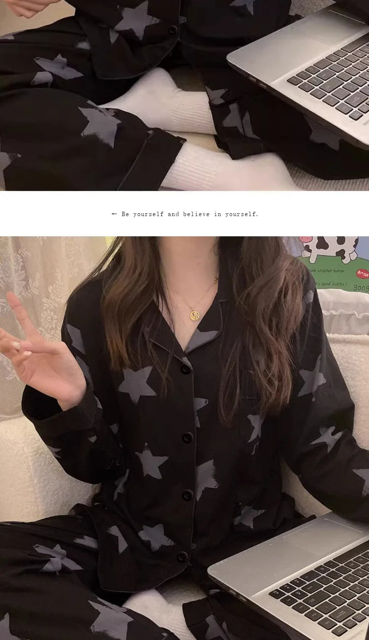 Korean Style Long-Sleeved Pajamas Set for Women Spring Autumn Homewear Comfortable Ladies Sleepwear Student Senior Casual Outfit