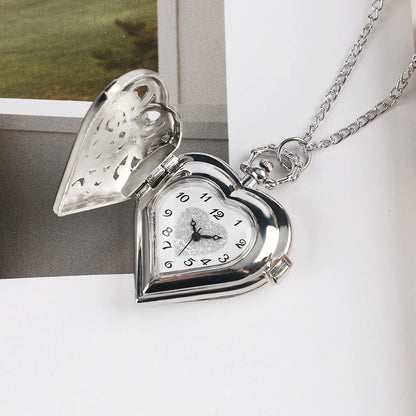 Romantic Silver Heart Shape Design Necklace Pendant Exquisite Quartz Pocket Watch FashionGift Fashion Clock For Female Ladies