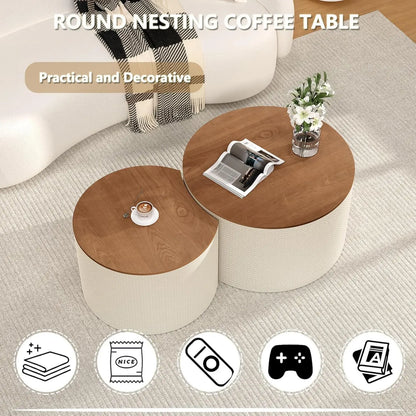 Round Nesting Coffee Table Set of 2 with Storage, 26.8" Farmhouse Handwoven PU Coffee Table, for Living Room, Customized