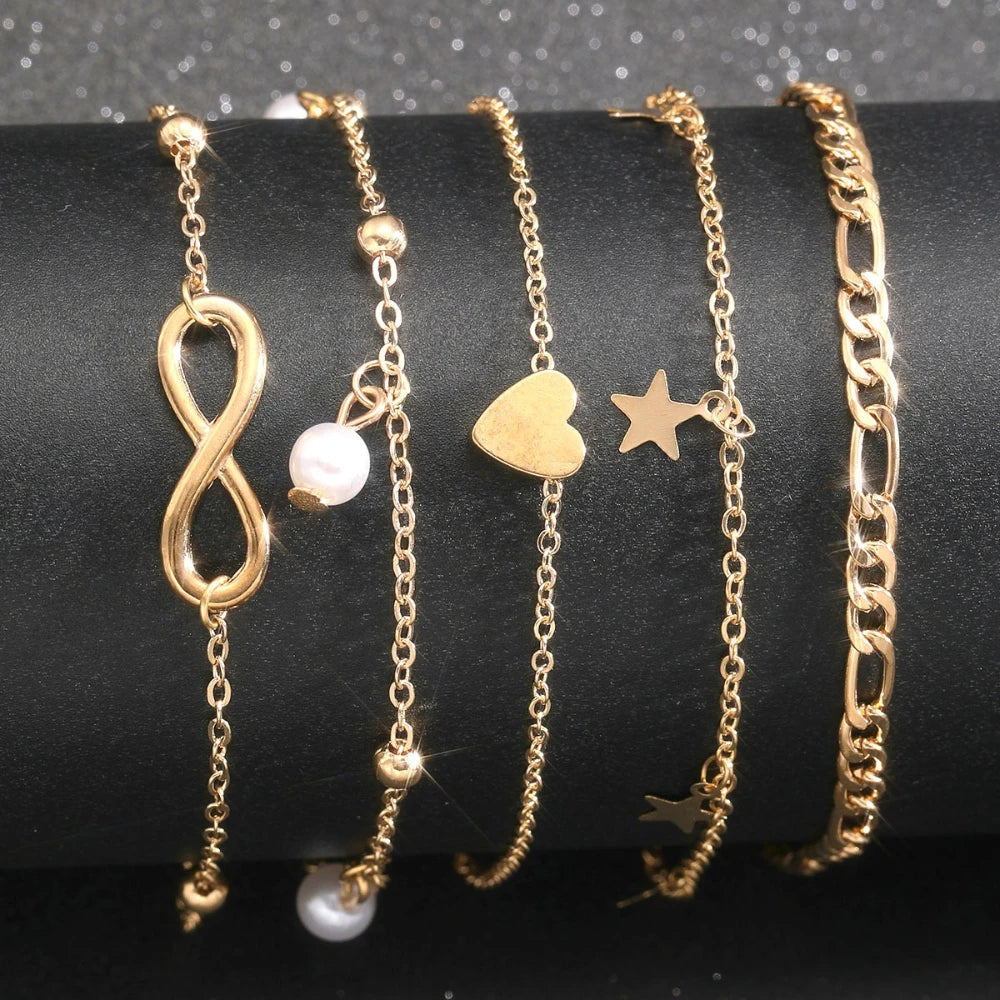5pcs Boho Summer Beach 8 Infinite Charm Anklet Set Women Chain on Leg Pearl Butterfly Star Heart Pendant Anklet Vintage Jewelry
