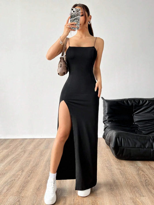 Women's Solid Color High Slit Spaghetti Strap Dress