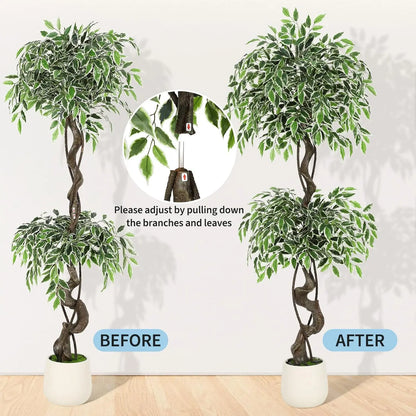 Artificial Ficus Tree Indoor Outdoor Fake Ficus Tree with Pebbles & Green Fake Moss, Pot Faux Tree for Office Home Decor