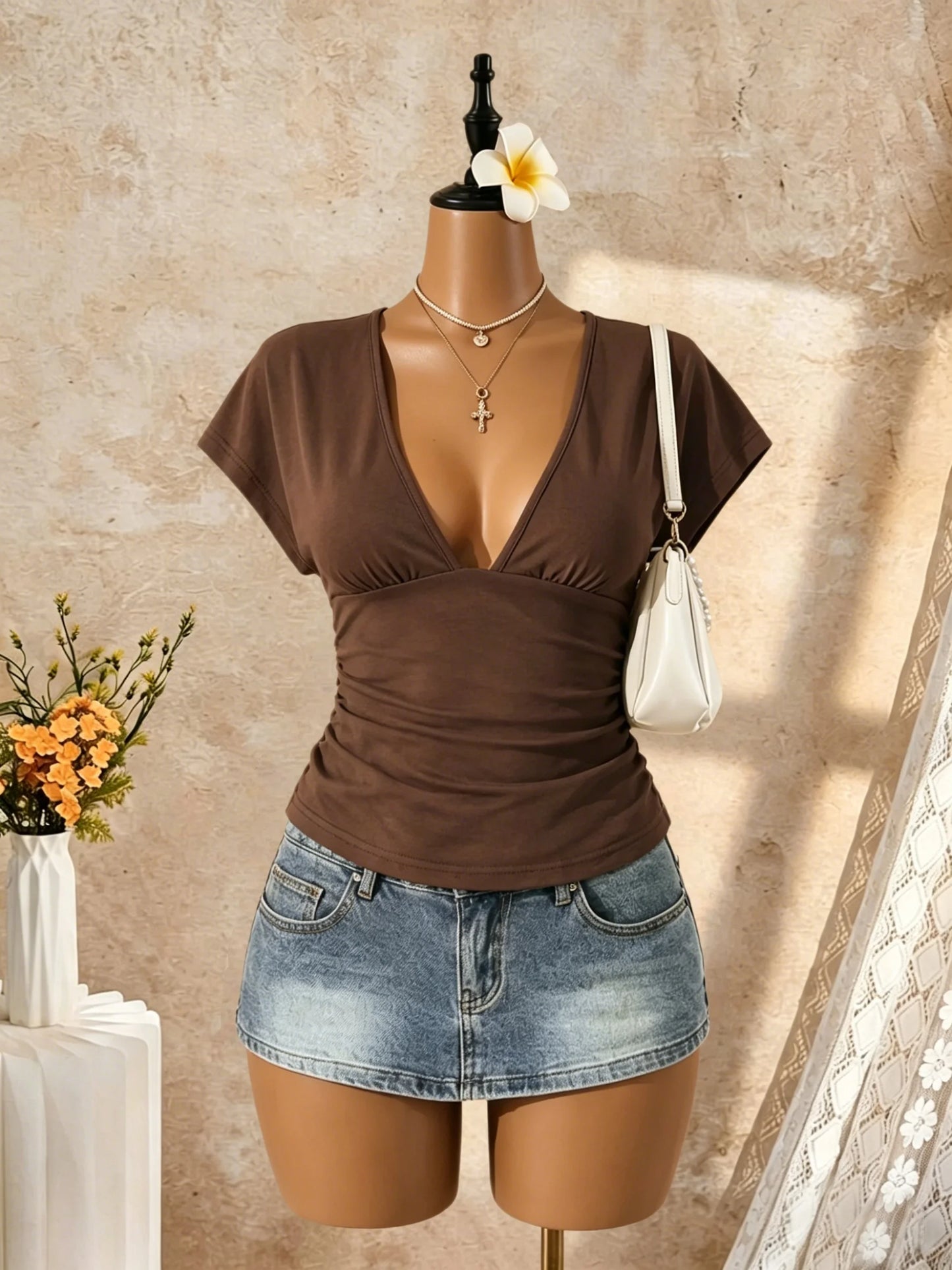 Women Short Sleeve Deep V Neck Side Ruched Wrap Crop T Shirt 2026 Summer Y2K Casual Streetwear Basic Solid Tees