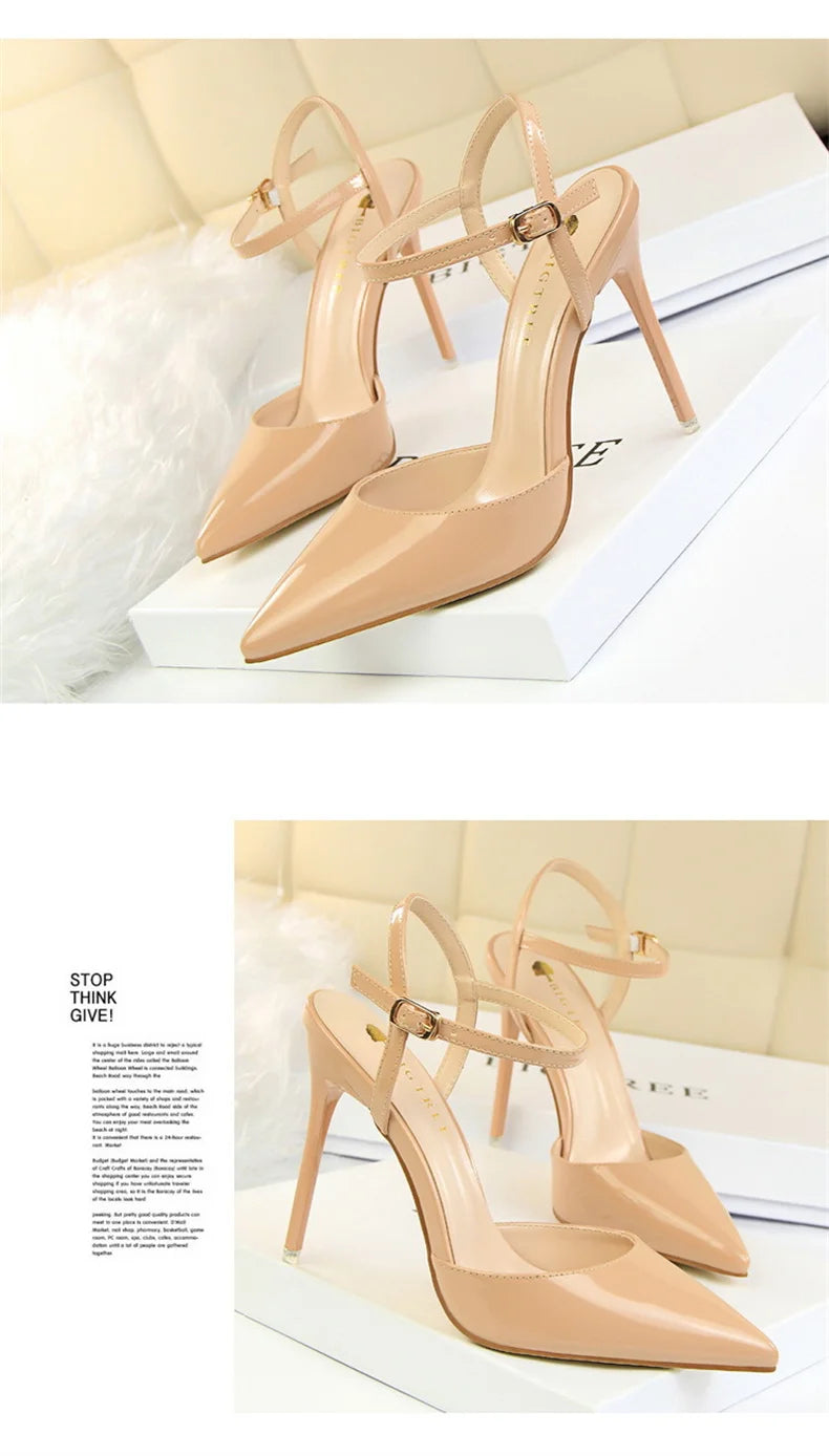 Women High Heels Sandals Metallic Gray Patent Leather Stripper Ankle Strap Wedding Nightclub Pointed Toe Party Valentine 86-1