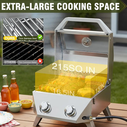 20000 BTU Porterhouse Tabletop Gas Grill 2 Burners Stainless Steel BBQ with Glass Lid Portable Outdoor, Customized