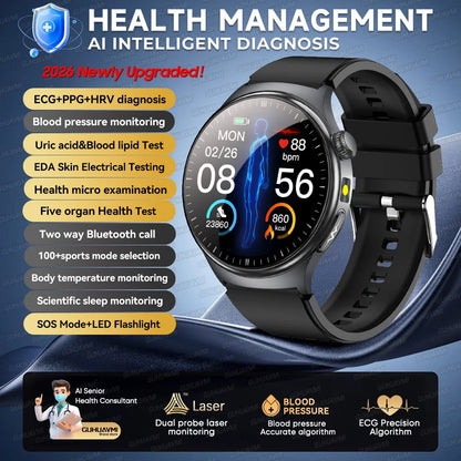2026New High-end Health Smart Watch For Men Women Blood Lipids Uric Acid Blood Pressure Accurate Data ECG+PPG BT Call Smartwatch