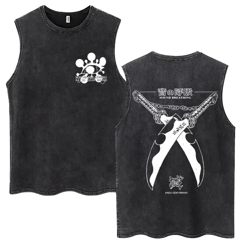 Washed Anime Demon Slayer Hashibira Inosuke Mask Face Tank Tops Men Women Vintage Fashion Cotton Sleeveless T Shirts Streetwear