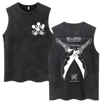 Washed Anime Demon Slayer Hashibira Inosuke Mask Face Tank Tops Men Women Vintage Fashion Cotton Sleeveless T Shirts Streetwear