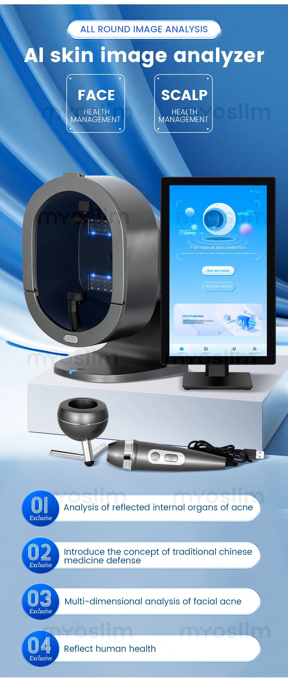 AI Hair Analysis 3D Facial Skin Analyzer Machine 15.6/21.5 Inch 8 Light Spectrum Skin Analysis Scanner For Business Beauty Care