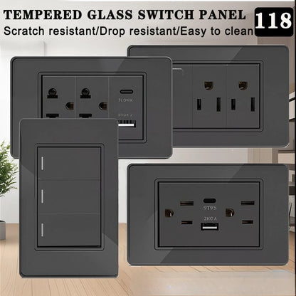 118*75mm TEMPERED GLASS SWITCH PANEL Wall Socket with USB Type - C, Grey US Switch, Thai Plug for Home & Office Use