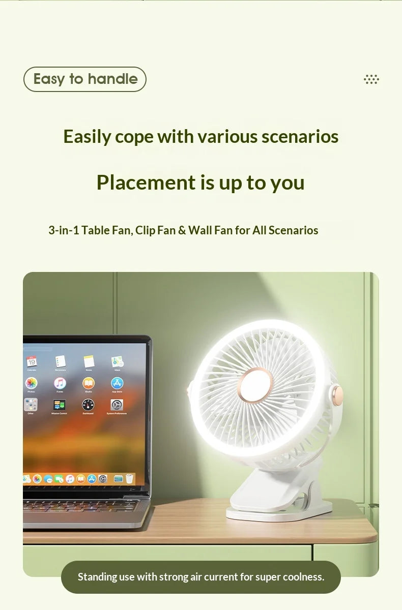 Portable Clip On Fan With LED Light, 720° Rotation Mini USB Rechargeable Fan, 5 Speed Quiet Cooling Fan For Home Office Camping
