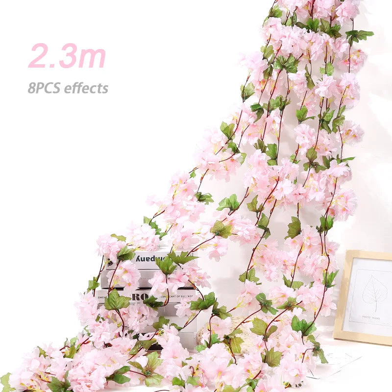 8pcs 1.8M Artificial Cherry Blossom Flower Vines Faux Flowers Outdoors Hanging Silk Flowers Garland for Wedding Party Home Decor