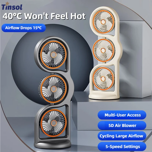 TINSOL Portable Three-Head Fan, 360° Wind Direction Adjustment, Five-Speed Wind, Dormitory and Outdoor Desktop Fan
