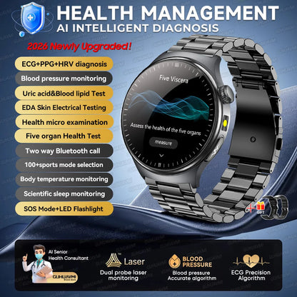 2026New High-end Health Smart Watch For Men Women Blood Lipids Uric Acid Blood Pressure Accurate Data ECG+PPG BT Call Smartwatch