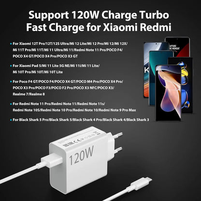 6A 120W EU Fast USB Wall Charger For Xiaomi 11 12 13 14 15 Ultra Redmi Note 11T 12 13 POCO F6 X5 Pro Type C Turbo Charging Cable