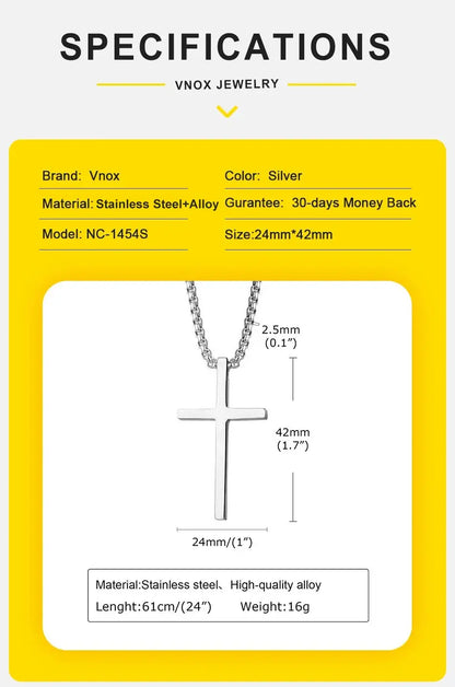 Vnox Cross Necklace for Men Women, Silver Color Plain Alloy Metal Cross Pendant Collar with Stainless Steel Box Chain
