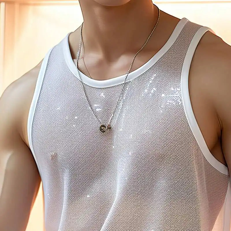 Summer Men's Luxury Knit Fashion Transparet Tank Tops O Neck Sleeveless Mesh Sexy Solid Color Vest Breathable Party Men Clothing