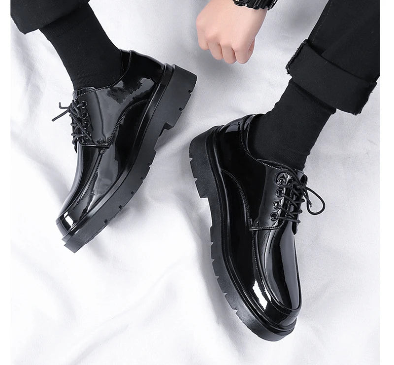 Mens Black Patent Leather Perforated Lace Up Chunky Platform Oxford Shoes Breathable Casual Business Formal Summer Dress Shoes