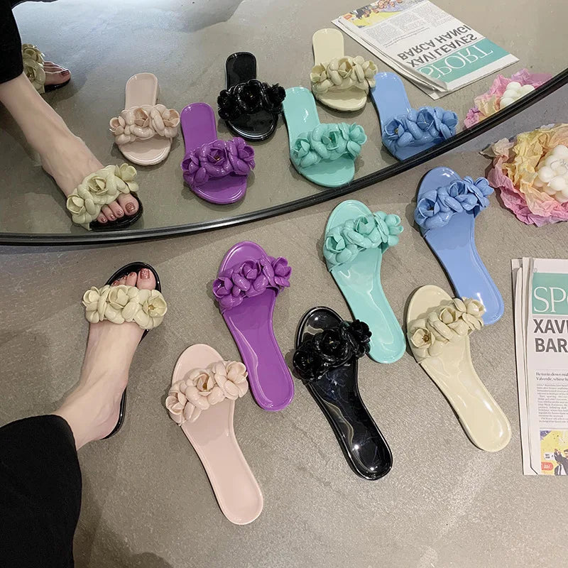 2025 New Women Spring/Summer Collection Jelly Color One Word Shoes Beach Daily Shopping Home Essential Casual Slippers