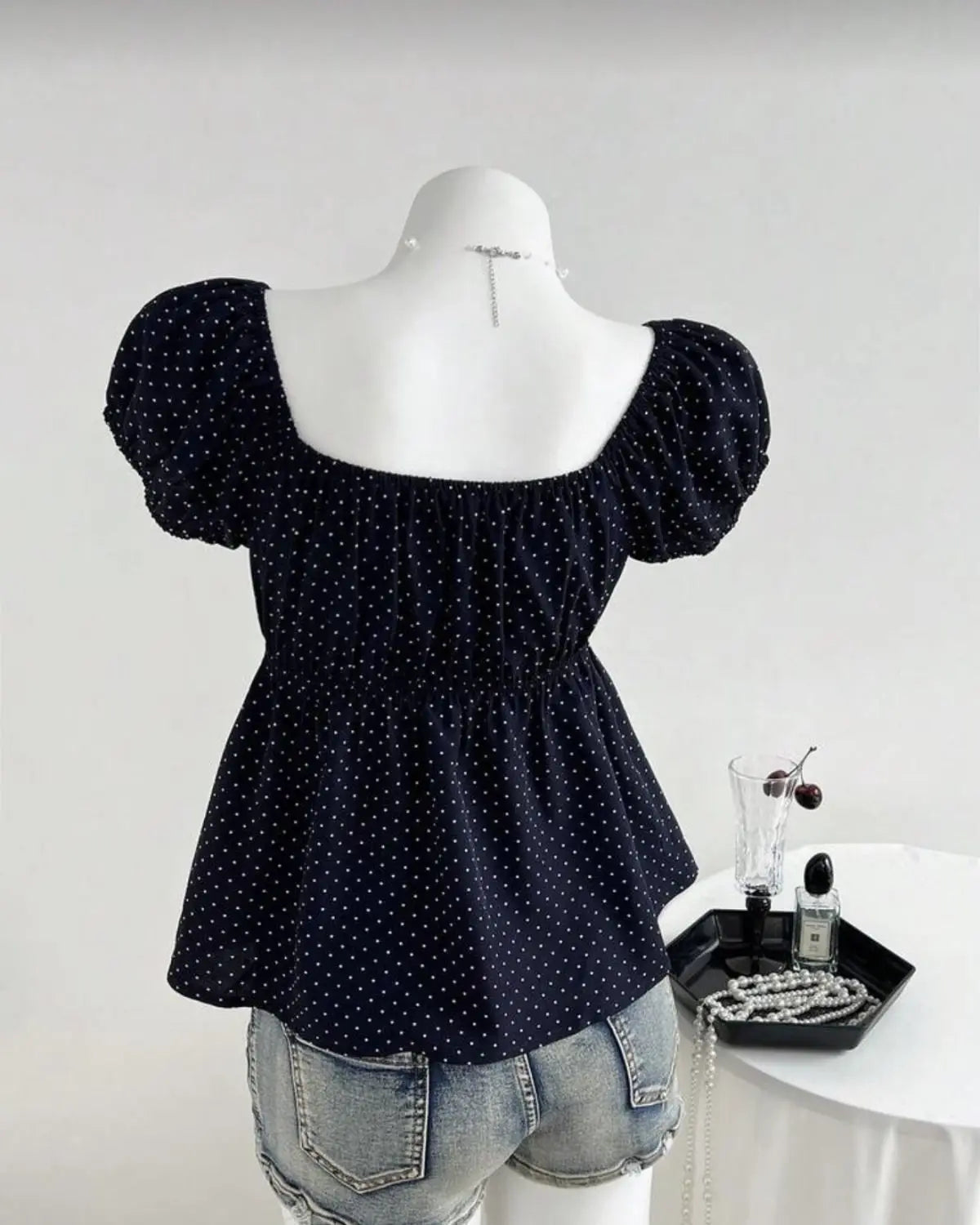Polka Dot Babydoll Top Women Summer Sweet Korean Puff Short Sleeve Chiffon Blouse Square Neck Summer Vintage Youthful T-shirt