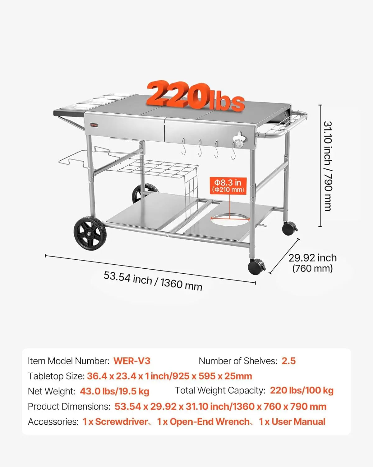 Outdoor Grill Cart with Wheels, 36.4x23.4 Inch Tabletop, Movable BBQ Prep Table for Picnic Kitchen Courtyard