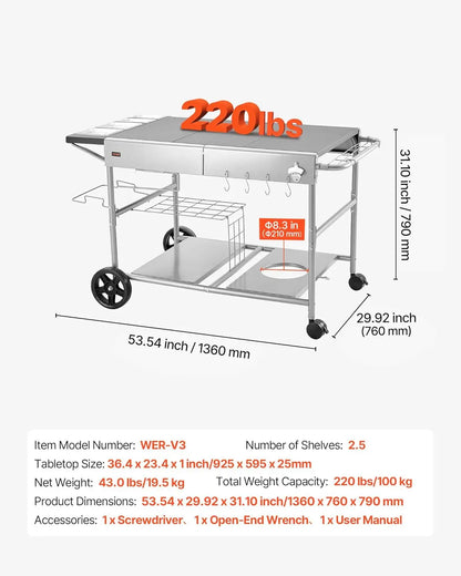 Outdoor Grill Cart with Wheels, 36.4x23.4 Inch Tabletop, Movable BBQ Prep Table for Picnic Kitchen Courtyard