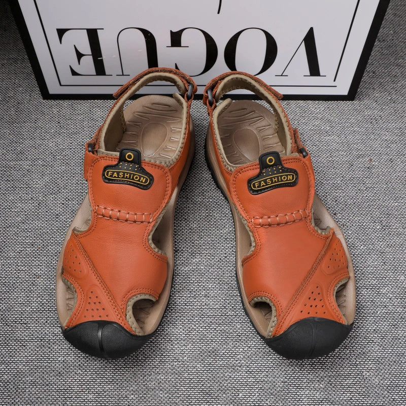2025 Large-Size Leather Men's Shoes Summer Sandals Casual Outdoor Head Beach Shoes Comfortable Breathable Hollow Velcro Patch
