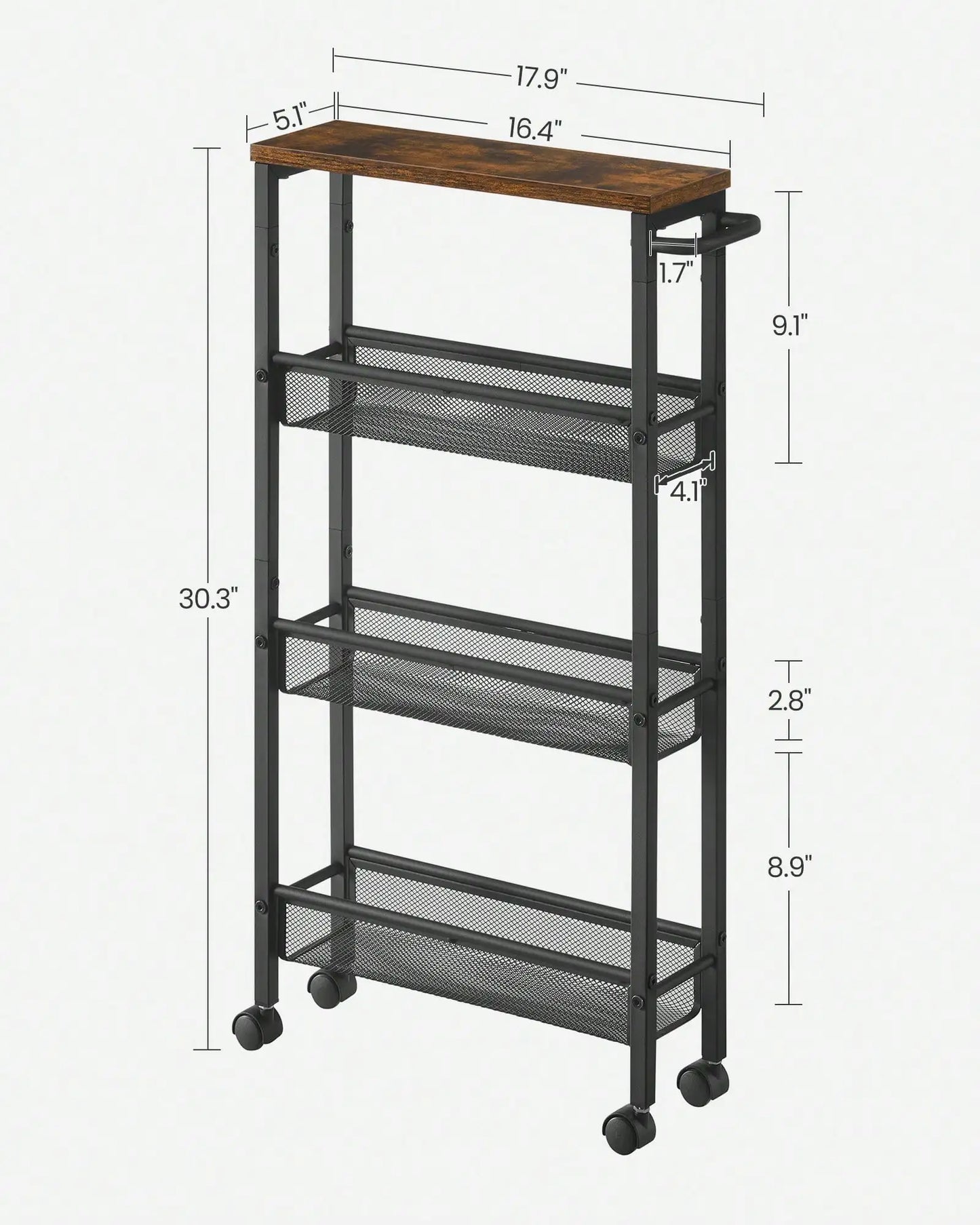 VASAGLE Slim Rolling Cart, 4-Tier Narrow Storage Cart With Handle, 5.1 Inches Deep, Metal Frame, For Kitchen, Dining Room, Livin