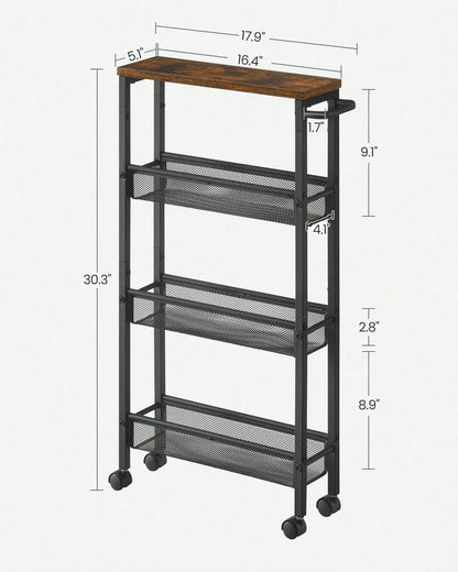 VASAGLE Slim Rolling Cart, 4-Tier Narrow Storage Cart With Handle, 5.1 Inches Deep, Metal Frame, For Kitchen, Dining Room, Livin