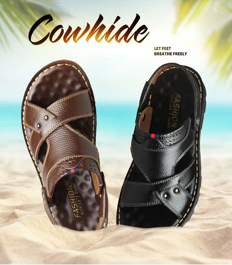 Summer New Men's Leather Sandals, Leather Anti Slip Men's Shoes Slippers, Outdoor Thick Soled Beach Shoes Men's Shoes Sandals