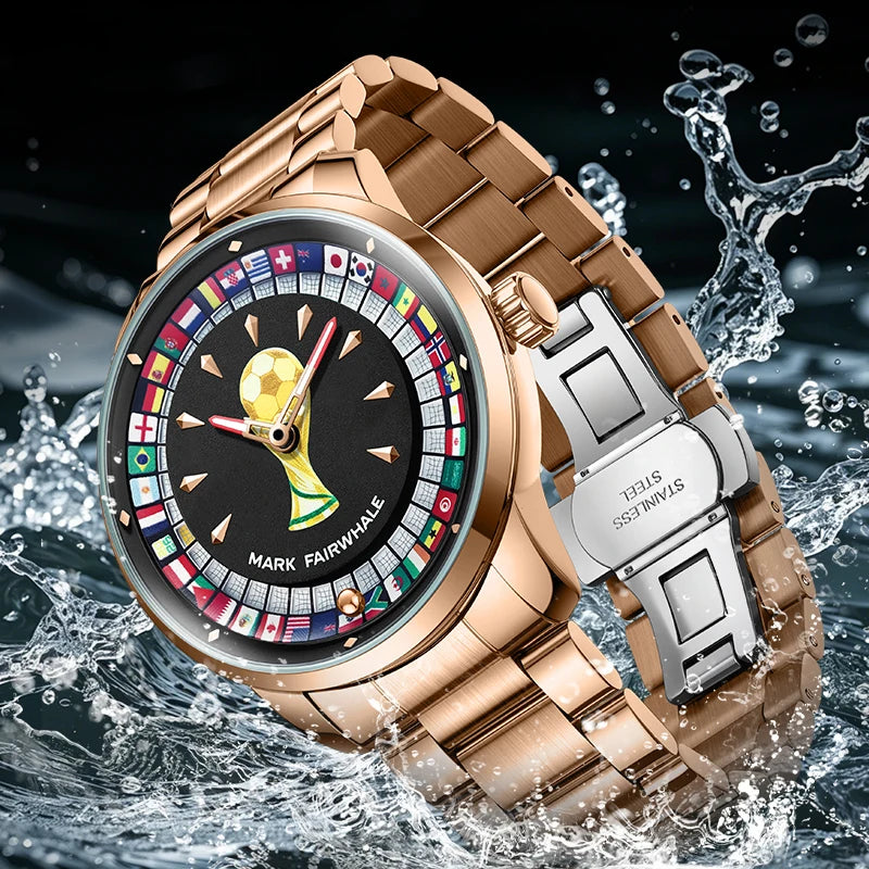 MARK FAIRWHALE 5087 Famous Football Sports Quartz Watch 360 ° Rotating Flag Dial Stainless Steel Strap Waterproof Watch for Man