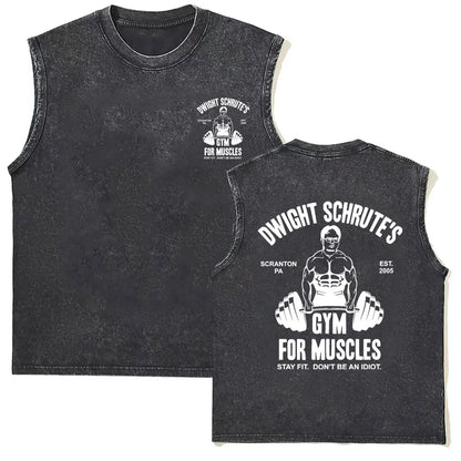 Washed Vintage Powerhouse Gym Logo Double Sided Print Tank Tops T-shirts Men Women Casual Oversized Geek Fitness Vest T Shirts