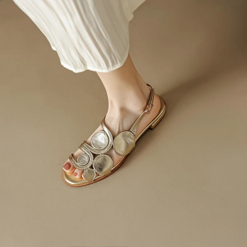 Women's New Round Head Spring/Summer Genuine Leather Sheepskin Spliced Low Heel Large Size Elastic Open Toe Sandals