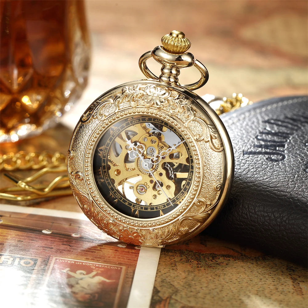 Vintage Skeleton Mechanical Pocket Watch Engraved Floral Design Hand Wind Fob Watch With Chain For Men Women Luxury Antique Gift
