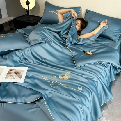 Lightweight Summer Quilt, 100% Polyester Fabric, Microfiber Filling With Embroidery Decoration, Breathable Bed Comforter