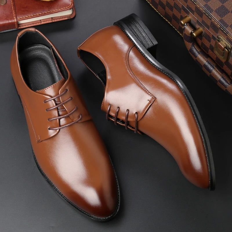 Mens Breathable Leather Dress Shoes Formal Business Footwear Pointed Toe Lace Up Flat Sole Groom Wedding Shoes Simple Leisure